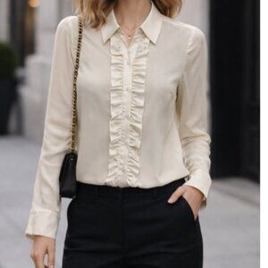 Equipment Silk Cream Satin Ruffle-Front Button Down Blouse Petite Small Office